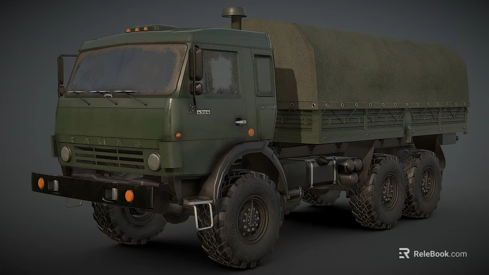 Green Military Truck With Canvas Covered Cargo Bed And Six Wheel Design 3d model 