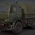Green Military Truck With Canvas Covered Cargo Bed And Six Wheel Design