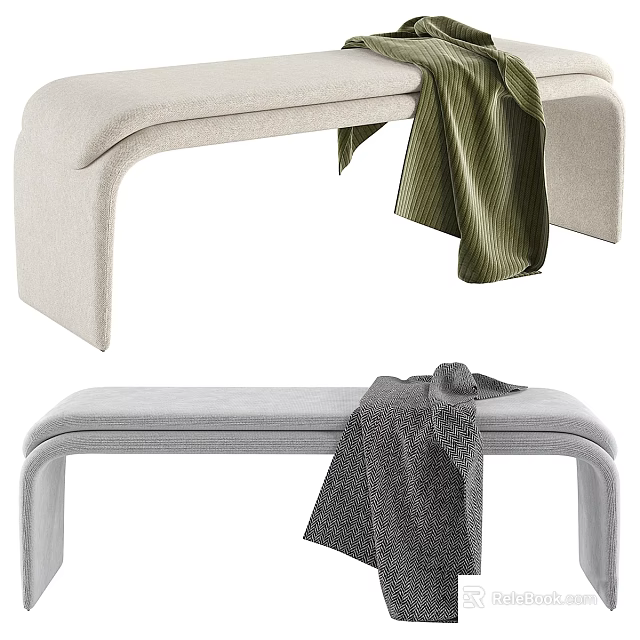 Modern Upholstered Bench With Green And Gray Blankets For Living Room 3d model 