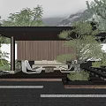 Serene Garden With Wooden Pergola Sofa Chairs Bonsai Tree Stone Steps And Green Plants