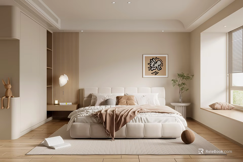 Modern Bedroom Interior Design With Upholstered Bed Neutral Bedding Striped Rug And Abstract Painting 3d model 