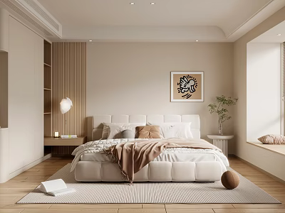 Modern Bedroom Interior Design With Upholstered Bed Neutral Bedding Striped Rug And Abstract Painting 3d model