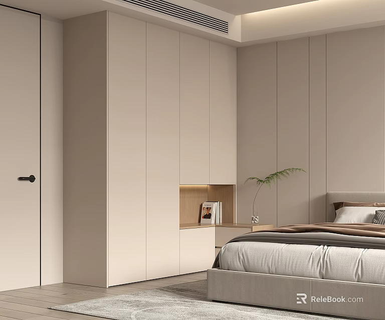 Modern Bedroom Light Colored Built in Wardrobe With Bed And Green Plant 3d model 