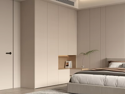 Modern Bedroom Light Colored Built in Wardrobe With Bed And Green Plant 3d model
