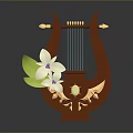 Wooden Lyre Musical Instrument With Golden Decorations White Orchid And Green Leaves