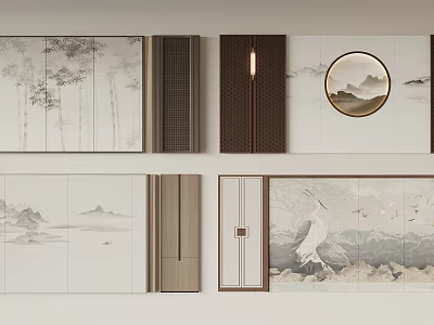 Chinese Traditional Sofa Background Wall With Landscape Paintings Bamboo Crane And Wooden Textured Panels 3d model