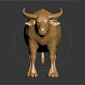 Golden Ox Sculpture With Shiny Surface Standing On Dark Background With Reflection