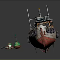 Old Fishing Boat With Blue Roof White Red Hull Winch Lifebuoy And Small Accessories