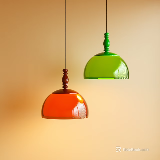 Orange And Green Dome Shaped Pendant Lights Hanging On Light Colored Wall 3d model