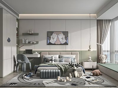 Modern Cozy Kids Room Interior With Bed Desk Chair Cozy Rug Toys And Wall Painting 3d model
