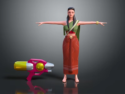 Stylish 3D Female Character In Green Top With Animal Shaped Toy Gun And Outstretched Arms 3d model