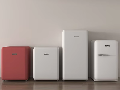 Stylish Red And White Refrigerators And Freezers Lined Up Against Light Wall On Wooden Floor 3d model