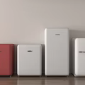 Stylish Red And White Refrigerators And Freezers Lined Up Against Light Wall On Wooden Floor