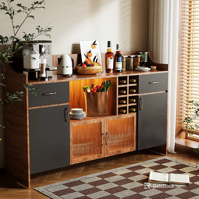 Modern Gray Wooden Sideboard With Wine Storage Open Shelf And Coffee Maker 3d model 