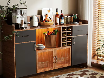 Modern Gray Wooden Sideboard With Wine Storage Open Shelf And Coffee Maker 3d model
