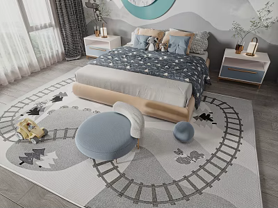 Kids Bed with Blue Quilt Pillows Train Track Rug Round Stool and Toy Car 3d model