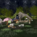 Garden Landscape With Starry Night Grassland Camping Tents Trees And Outdoor Seating