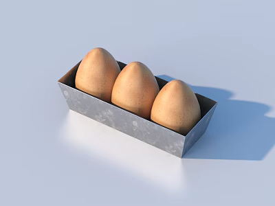 Three Fresh Brown Eggs in a Gray Carton Box on White Surface 3d model
