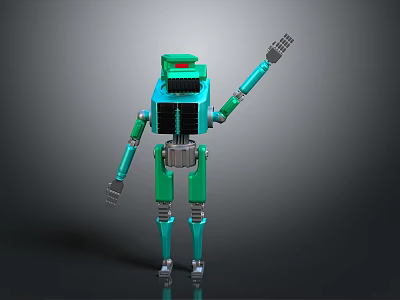 Turquoise Mechanical Robot Character With Red Head Light And Raised Arm 3d model
