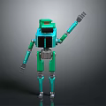 Turquoise Mechanical Robot Character With Red Head Light And Raised Arm