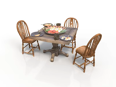 Rustic Wooden Dining Table With Four Chairs Plates And Food On Top 3d model