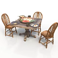 Rustic Wooden Dining Table With Four Chairs Plates And Food On Top