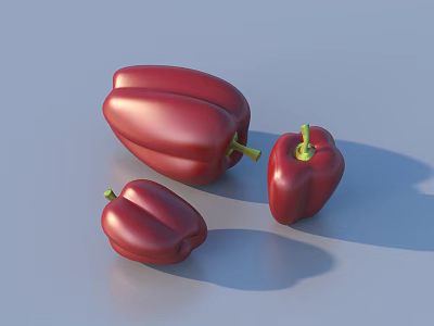 Three Fresh Red Bell Peppers Displayed on Light Blue Background 3d model