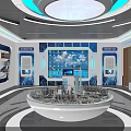 Hi tech Exhibition Hall Featuring Blue Background Circular Platform Display Models And Information Panels