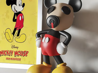 Playful Mickey Mouse Doll With Red Shorts Yellow Shoes And Disney Poster 3d model