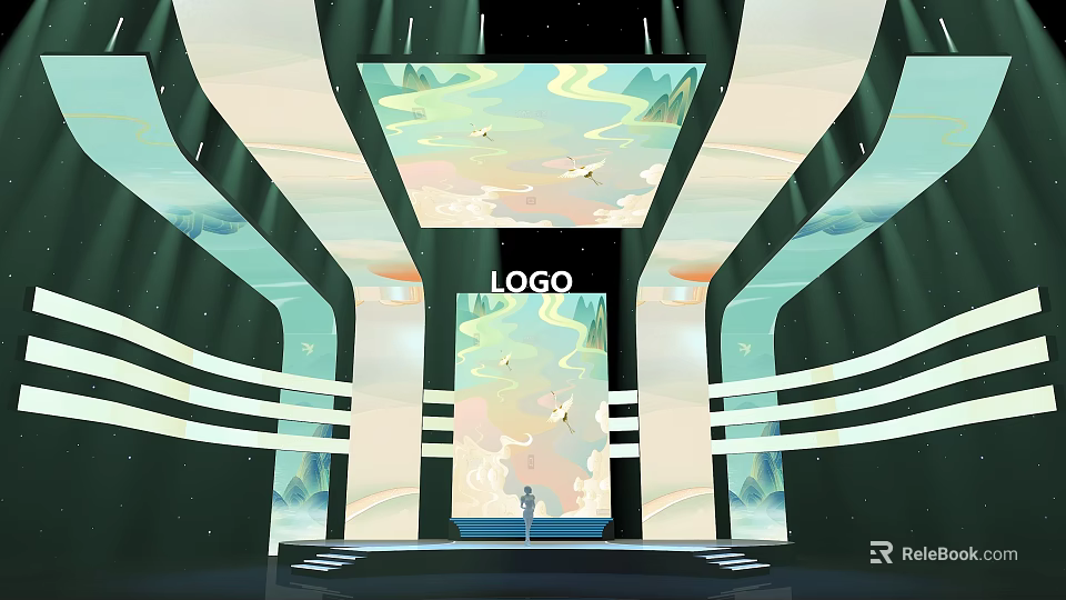 Stage With LOGO Landscape Projection Person Curved Structures And Lighting 3d model 