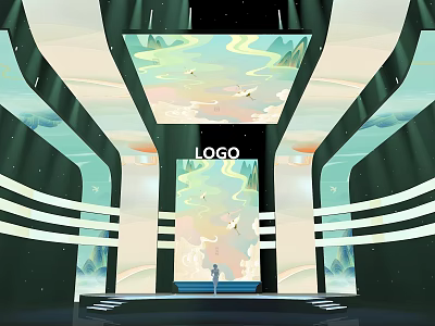 Stage With LOGO Landscape Projection Person Curved Structures And Lighting 3d model