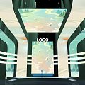 Stage With LOGO Landscape Projection Person Curved Structures And Lighting