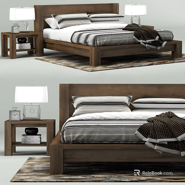 Cozy Wooden Double Bed With Striped Bedding Nightstand And Table Lamp 3d model 