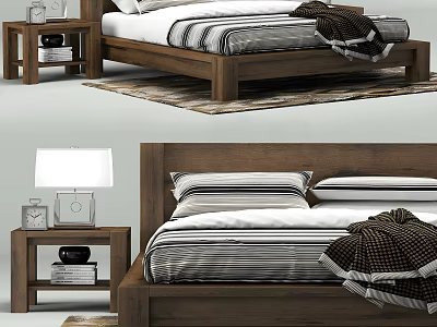 Cozy Wooden Double Bed With Striped Bedding Nightstand And Table Lamp 3d model
