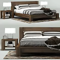 Cozy Wooden Double Bed With Striped Bedding Nightstand And Table Lamp