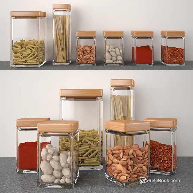 Clear Glass Spice Jars With Wooden Lids Storing Various Dry Ingredients On Kitchen Countertop 3d model 
