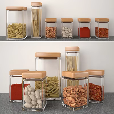 Clear Glass Spice Jars With Wooden Lids Storing Various Dry Ingredients On Kitchen Countertop 3d model