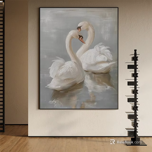 Two Swans Animal Painting With Intertwined Necks And Water Reflection On Gray Background Wall Art 3d model 