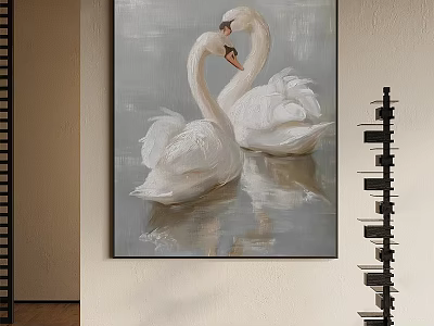 Two Swans Animal Painting With Intertwined Necks And Water Reflection On Gray Background Wall Art 3d model