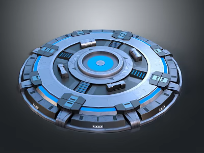 Futuristic Sci Fi Character Interacting With Circular Tech Device Featuring Blue Core And Control Panels 3d model