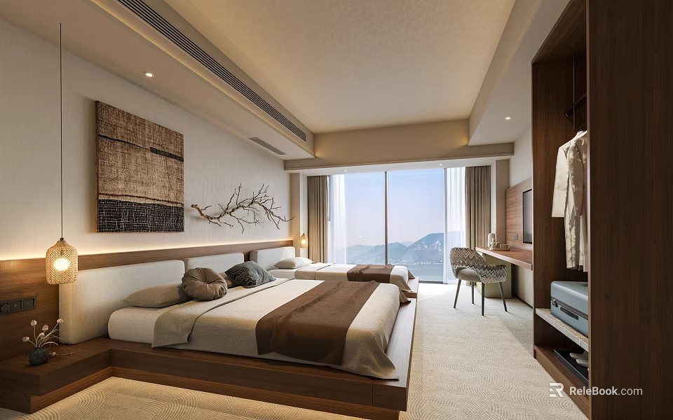 Modern Hotel Room Interior With Cozy Large Bed Floor To Ceiling Windows And Mountain View 3d model 