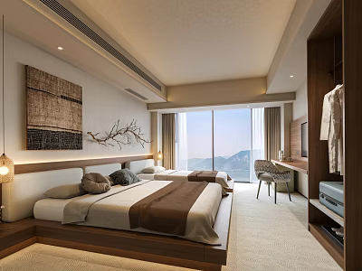 Modern Hotel Room Interior With Cozy Large Bed Floor To Ceiling Windows And Mountain View 3d model