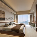 Modern Hotel Room Interior With Cozy Large Bed Floor To Ceiling Windows And Mountain View