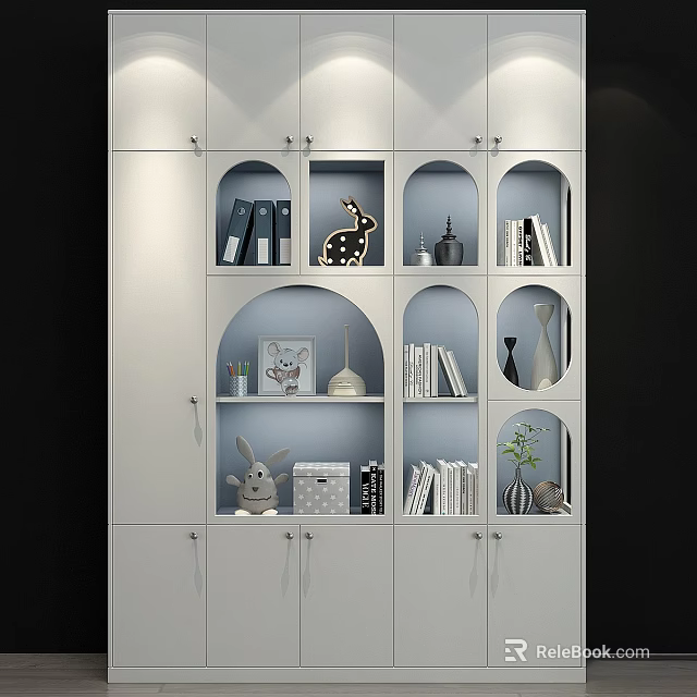 White Modern Wardrobe With Arched Glass Compartments And Decorative Items Books Rabbit Figurine Vase 3d model 