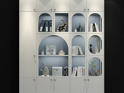 White Modern Wardrobe With Arched Glass Compartments And Decorative Items Books Rabbit Figurine Vase 3d model