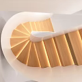 Modern Spiral Staircase Design With Wooden Steps White Surroundings And Lighting Elements