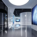 Innovative Tech Exhibition Hall Featuring Circular Stand Globe Digital Screens Data Charts Reflective Floor And Metallic Lights