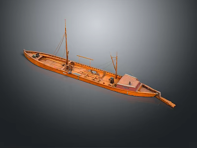 Classic Orange Wooden Boat With Masts Small Cabin And Detailed Deck Structure 3d model