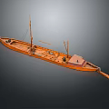 Classic Orange Wooden Boat With Masts Small Cabin And Detailed Deck Structure