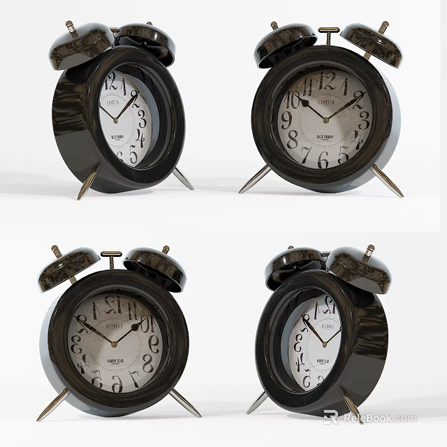 Classic Black Alarm Clocks With Double Bells White Dial And Metal Stands 3d model 